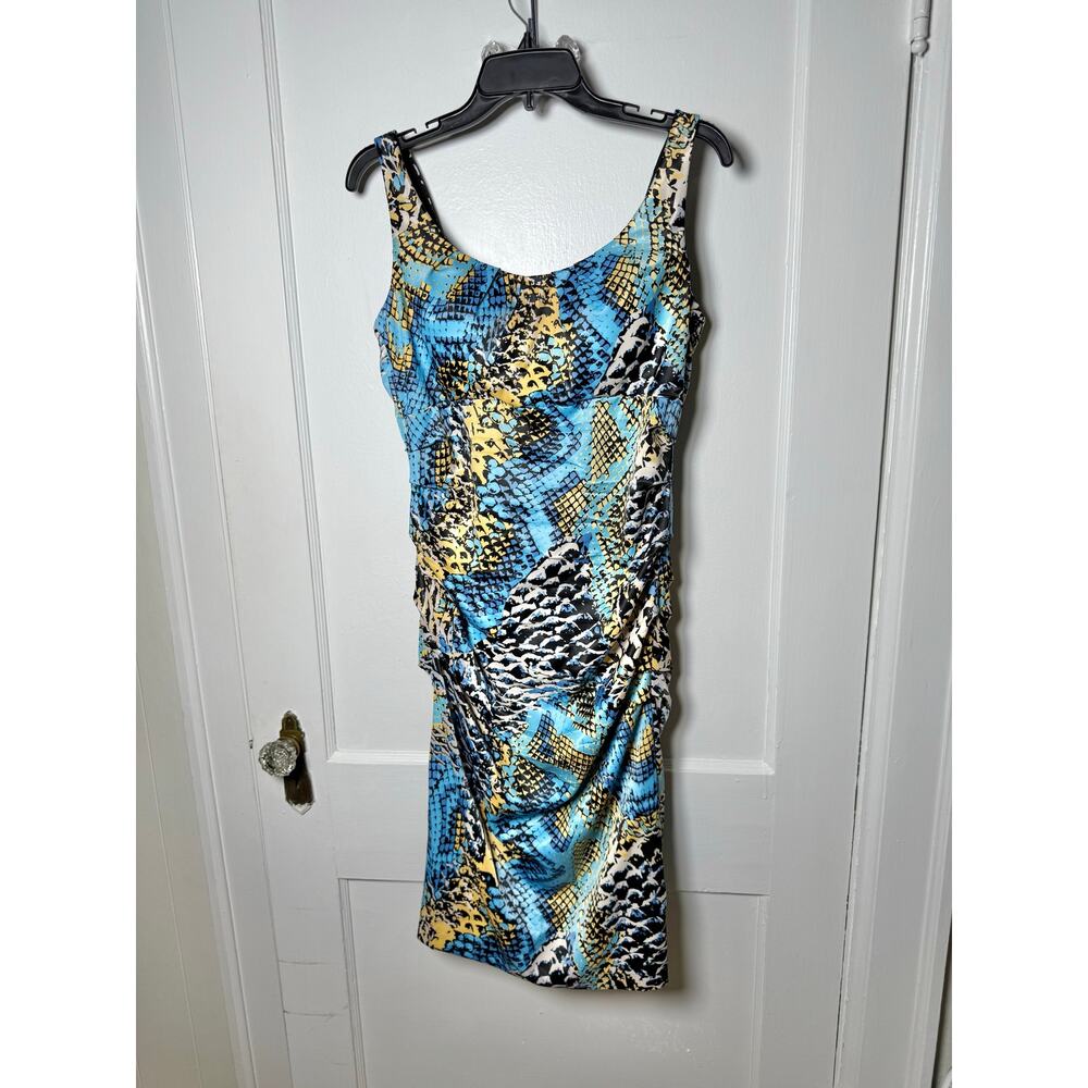 VTG Signature by Sangria Y2K Ruched Snake Satin Teal Blue Sleeveless Dress 10